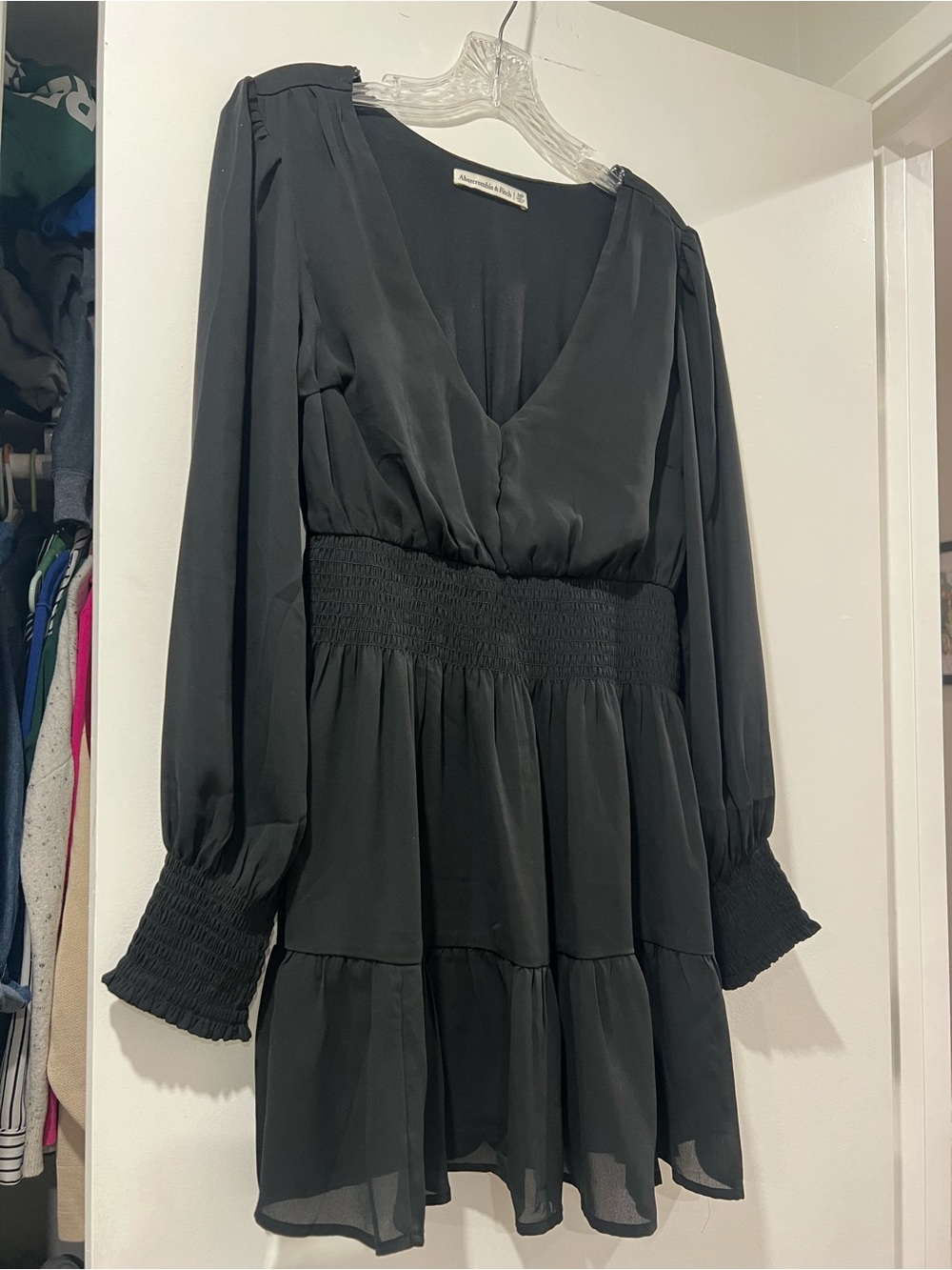 Abercrombie & Fitch Black V-Neck Smocked-Waist Mini Dress